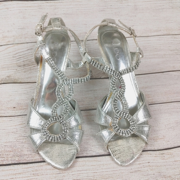 Aldo Silver Sandals Rhinestone Stiletto Wedding 7 - Picture 1 of 9